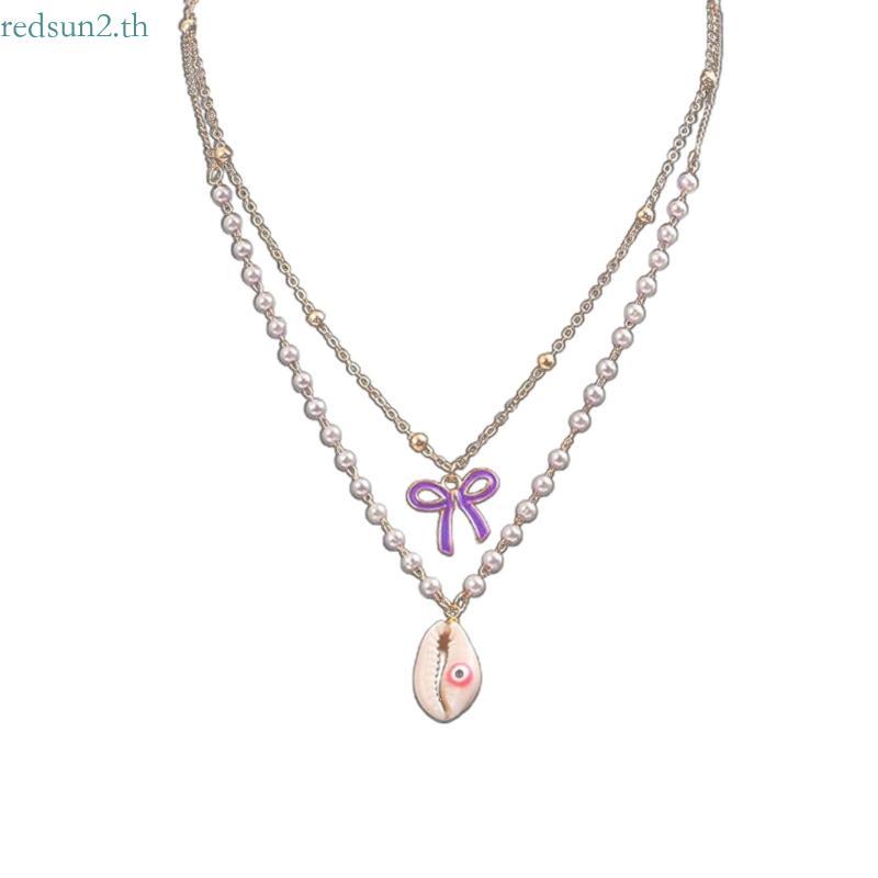Redsun2 เลียนแบบไข่มุกสร้อยคอผู้หญิงสาวเปลือกหอย Bowknot Neckchain หวานคอโซ่ Layered Choker Clavicle