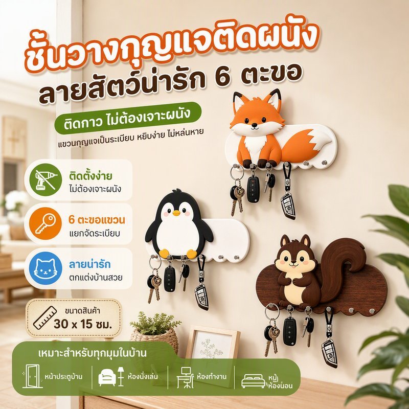 ที่แขวนกุญแจติดผนังไม้ 6 ตะขอ กาวติดแน่น ไม่ต้องเจาะ ลายสัตว์น่ารัก โมเดิร์นมินิมอล