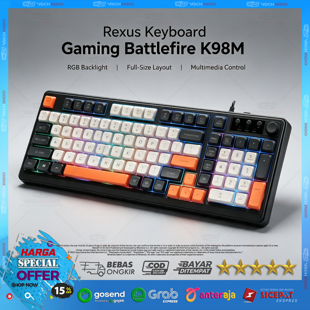 คีย์บอร์ด RGB / คีย์บอร์ดเกมมิ่ง / Membrane Rexus K98M 98-Key USB PC Rounded Keycaps