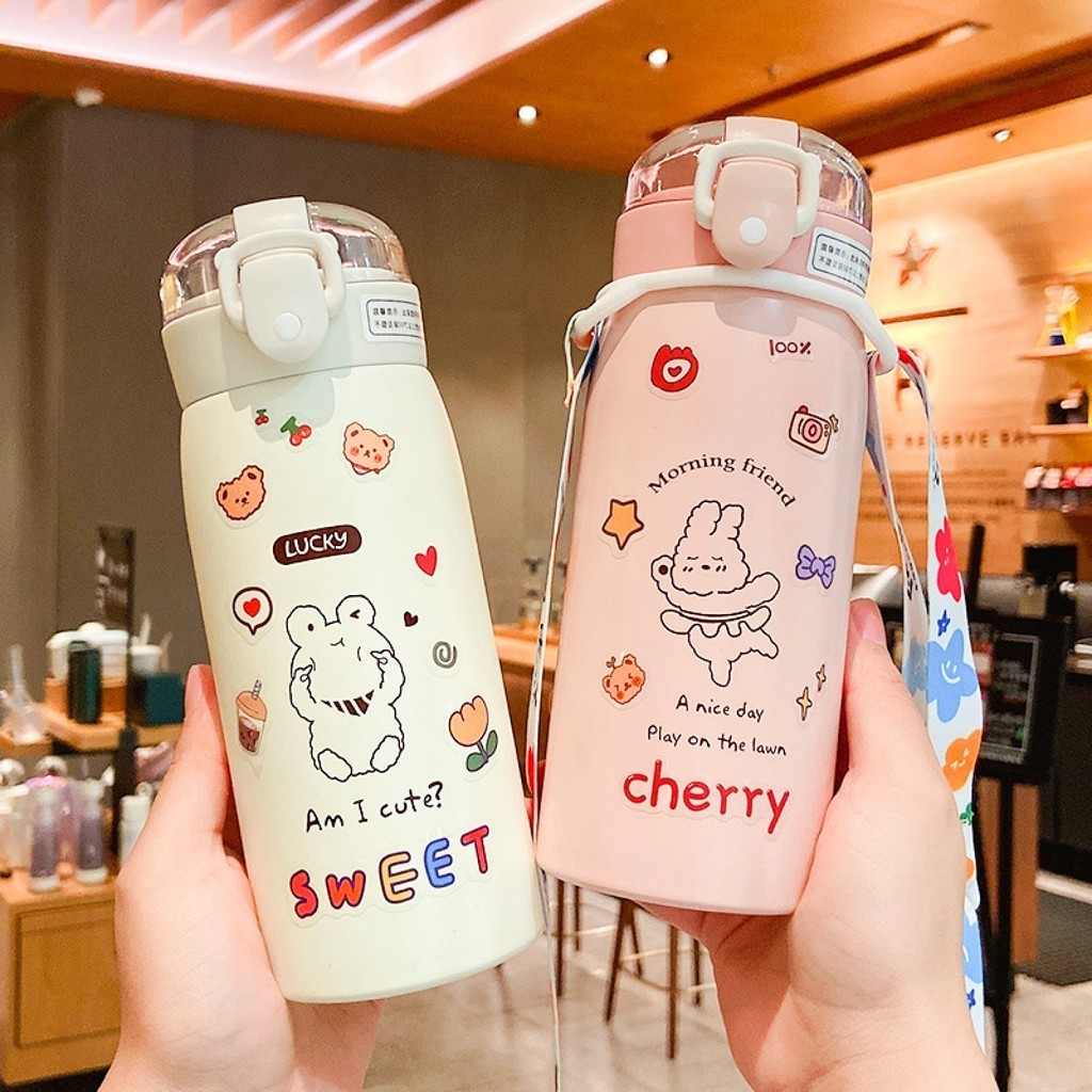 แก้วเก็บความเย็นสแตนเลส 304 พร้อมหลอดดูดและสายสะพาย 350ml 500ml