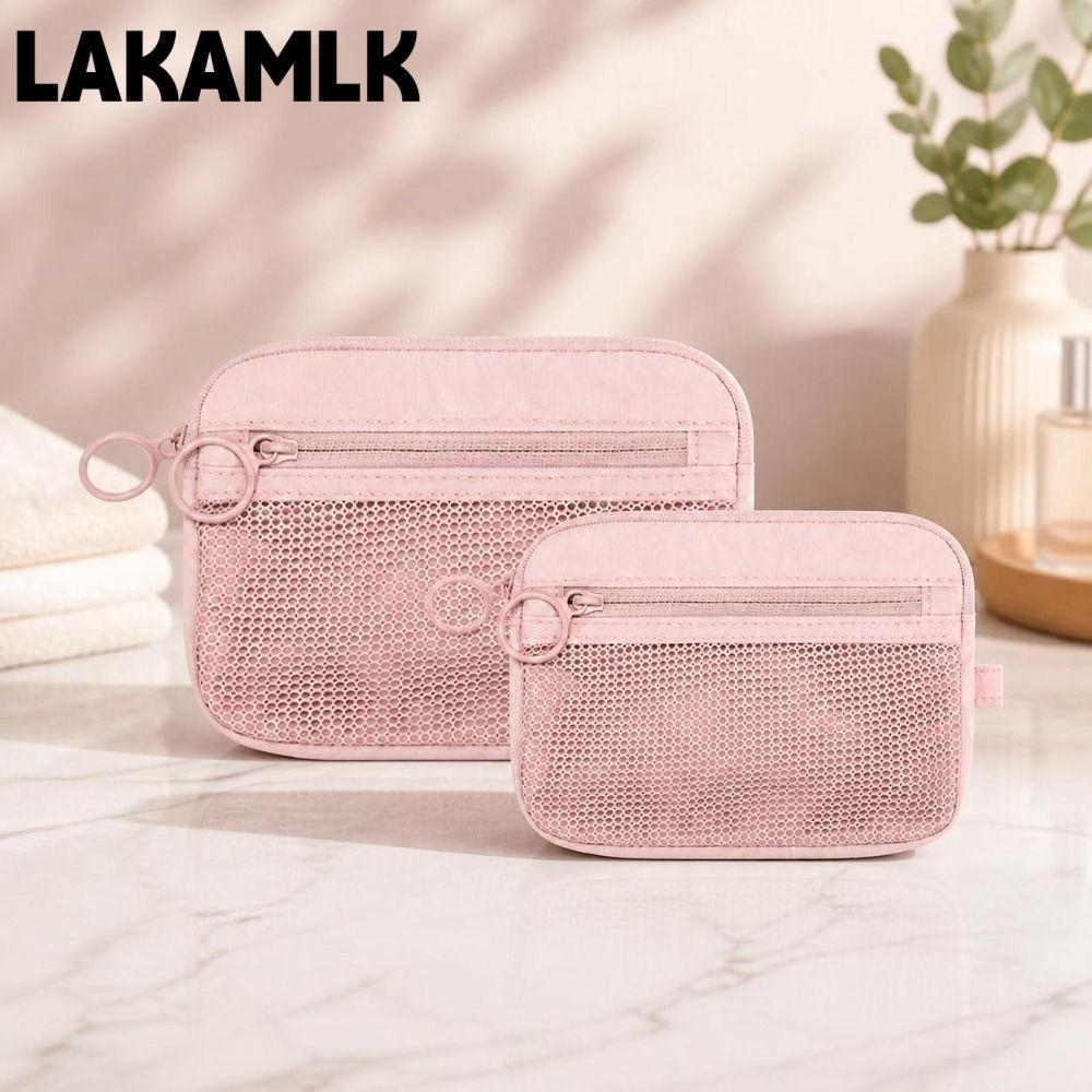 LAKAMLK Travel Organizer,Double Layer Pink Mesh Storage Pouch, Zipper Portable Nylon Cosmetic Bag fo