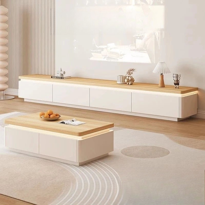 Creamy Style Solid Wood TV Cabinet Light-Up TV Console Living Room TV Cabinet Tv Media Storage Cabin