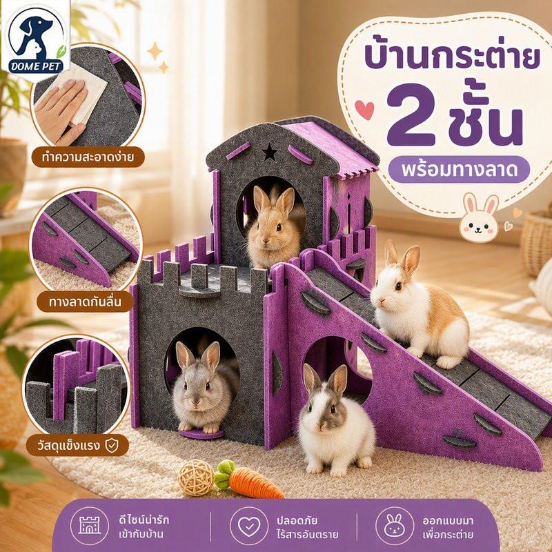 บ้านกระต่าย ผ้าสักหลาด 2 ชั้น พร้อมทางลาด บ้านสัตว์เล็ก ถอดล้างได้ ประกอบง่าย เสริมพฤติกรรม