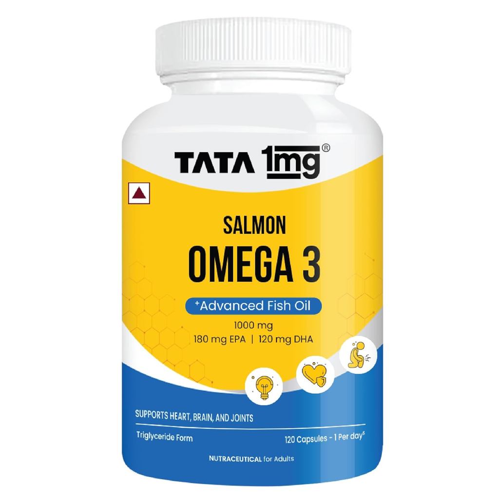 Tata 1mg Salmon Omega 3 Fish Oil อาหารเสริม 1000mg - 120 แคปซูล |แบบไตรกลีเซอไรด์ | EPA & 120มก. DHA