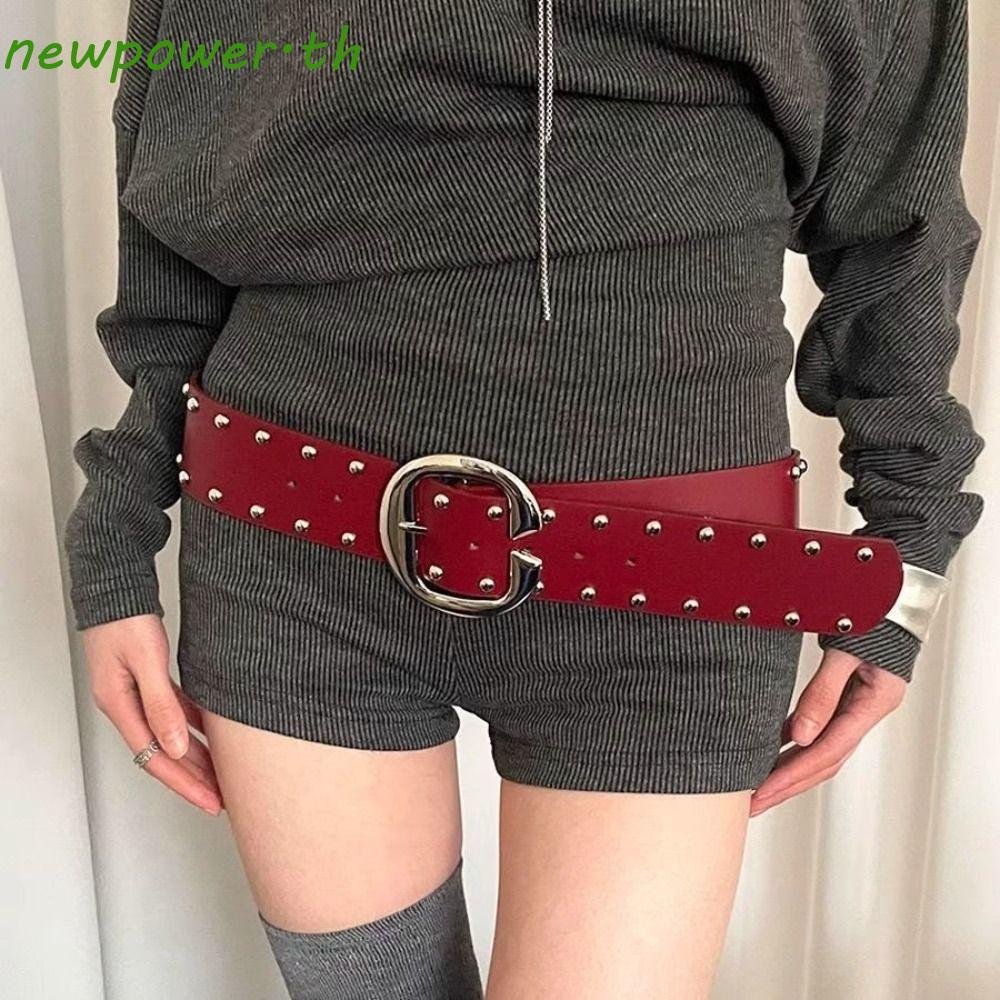 NEWPOWER Rivet เข็มขัดเอว, Designer Gothic กว้างเข็มขัดผู้หญิง,แฟชั่นอเมริกัน Y2k Punk สไตล์ชุดกางเกงยีนส์เข็มขัดสาวเผ็ด