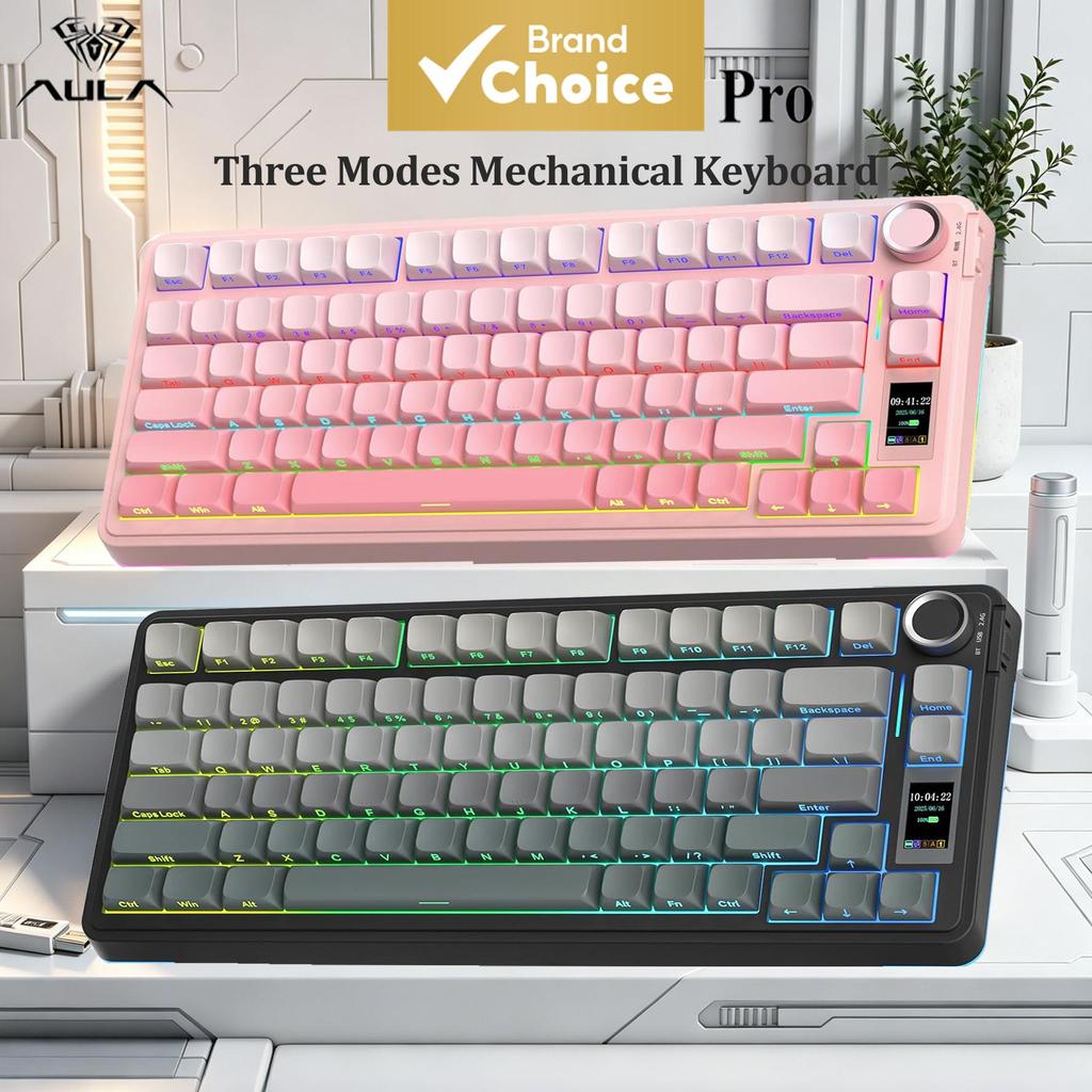 Aula S75Pro คีย์บอร์ดสําหรับเล่นเกมไร้สาย 75% แบบ 3 โหมด ปุ่มเปลี่ยนได้ ไฟ RGB พร้อมจอ LCD ปุ่มปรับค