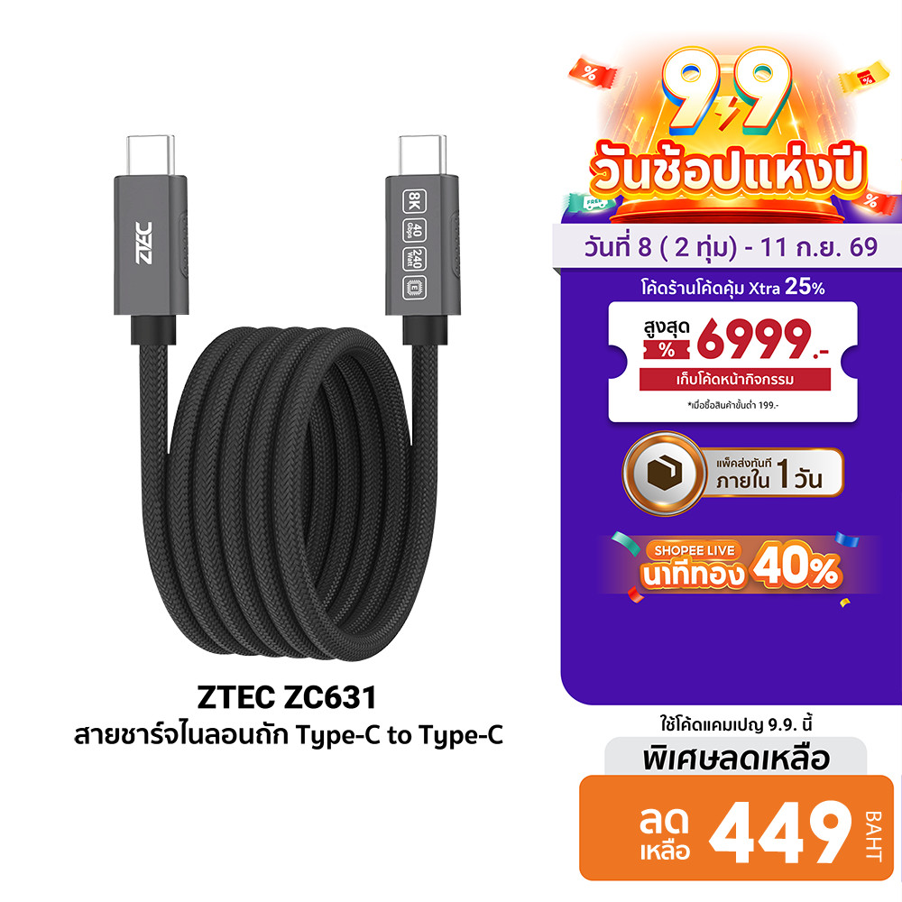 ZTEC ZC631 สายชาร์จไนลอนถัก แบบแม่เหล็กขดได้ USB-C to USB-C Thunder 4/3,USB4 เชื่อมต่อภาพ 8K -24M