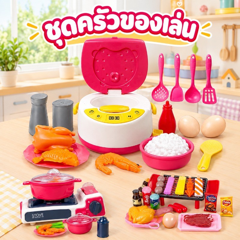 ของเล่นหม้อหุงข้าวเด็ก หม้อหุงข้าวจำลอง พลาสติกเรียบ สีสดใส ชุดครัวเล่นบทบาท เสริมจินตนาการ