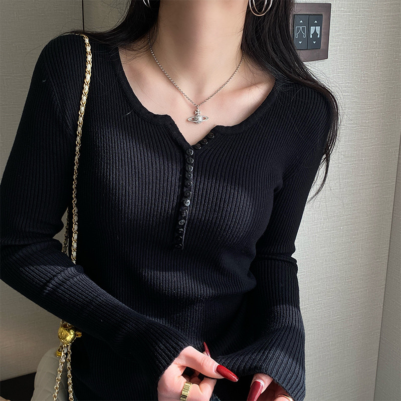 สีดําถักเสื้อ Bottoming ผู้หญิงฤดูใบไม้ร่วงฤดูหนาวเสื้อกันหนาวด้านใน High-End v คอ Slim-Fit แขนยาวสว