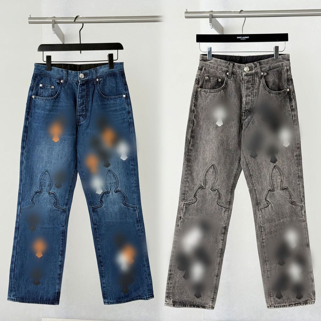 K K7HS Chrome Hearts Chrome Hearts Multicolor Cross หนังกางเกงยีนส์หลวมตรงผู้ชายผู้หญิงอินเทรนด์