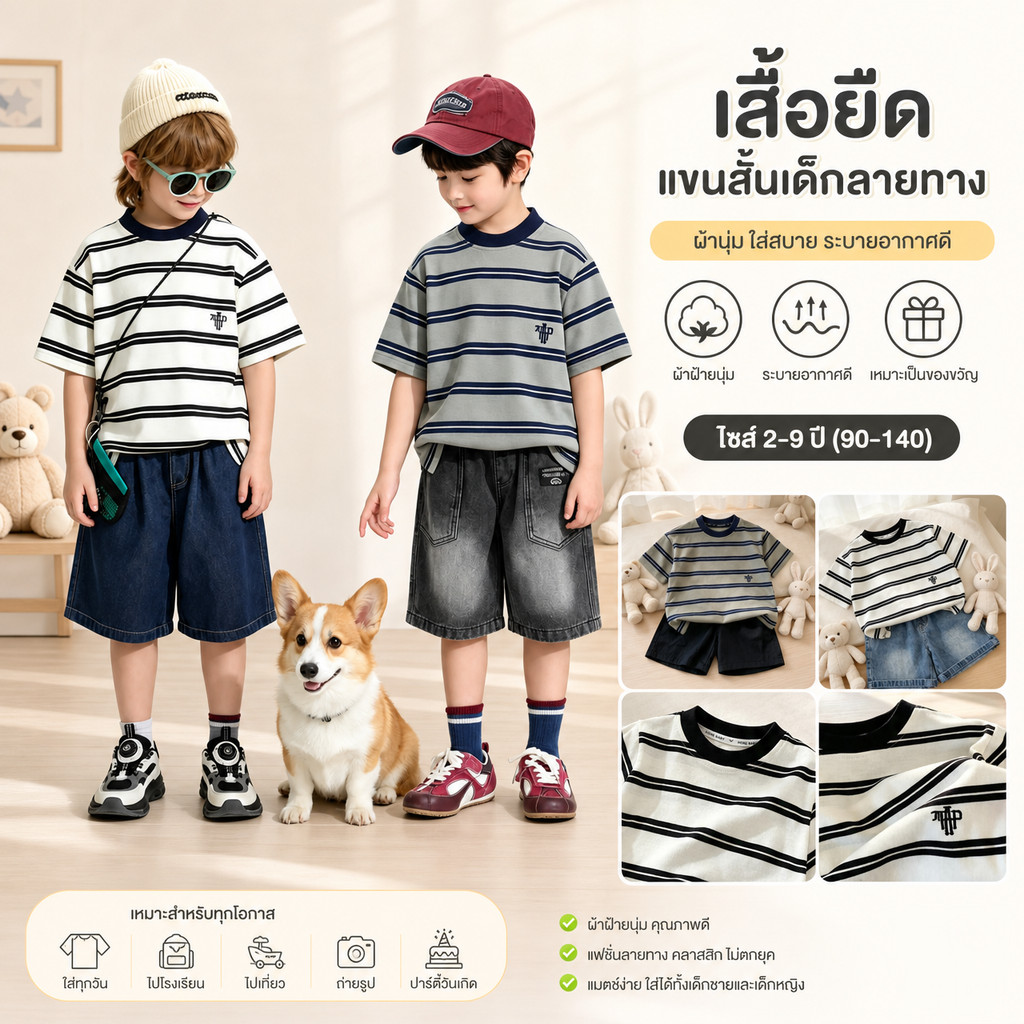 เสื้อยืดแขนสั้นเด็กลายทาง ส่งจากไทย ผ้าฝ้ายนุ่ม ใส่สบาย ระบายอากาศดี ไซส์ 2-9 ปี เหมาะเป็นของขวัญวันเกิด