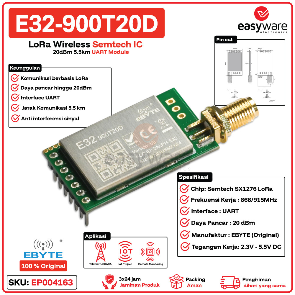 EBYTE E32-900T20D E32 900T20D LoRa ไร้สาย Semtech IC 20dBm 5.5km UART LoRa โมดูล