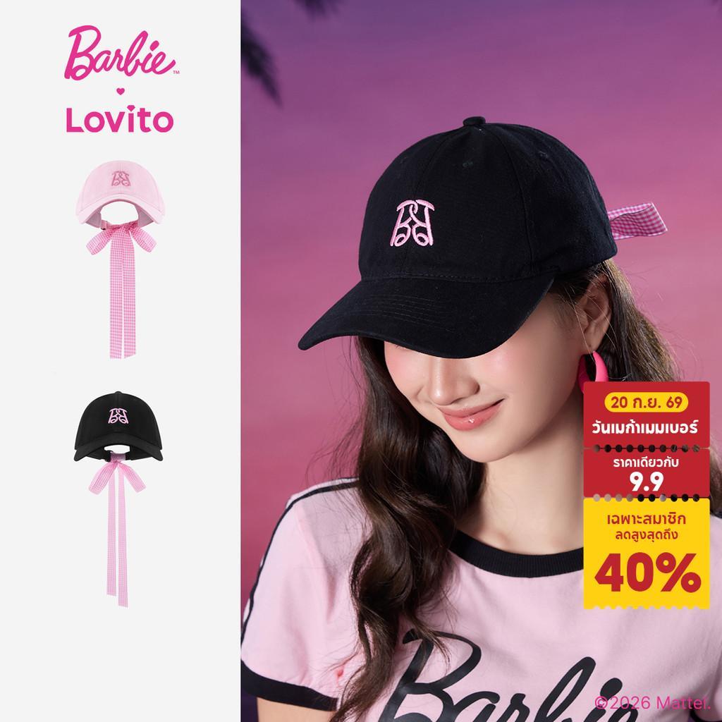 Barbie™ X Lovito หมวกสีดำวัสดุโพลีเอสเตอร์ ปักลาย เกาหลี อินเทรนด์ LBL5AD041