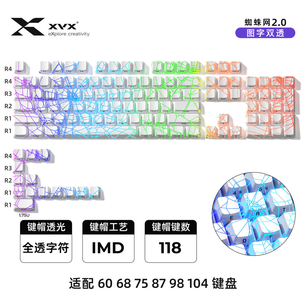 X XVX สีขาวโปร่งใส Spider Web Keycap ด้านข้างแกะสลักโปร่งแสงที่กําหนดเองคีย์บอร์ดหมวก IMD รูปแบบหัตถ