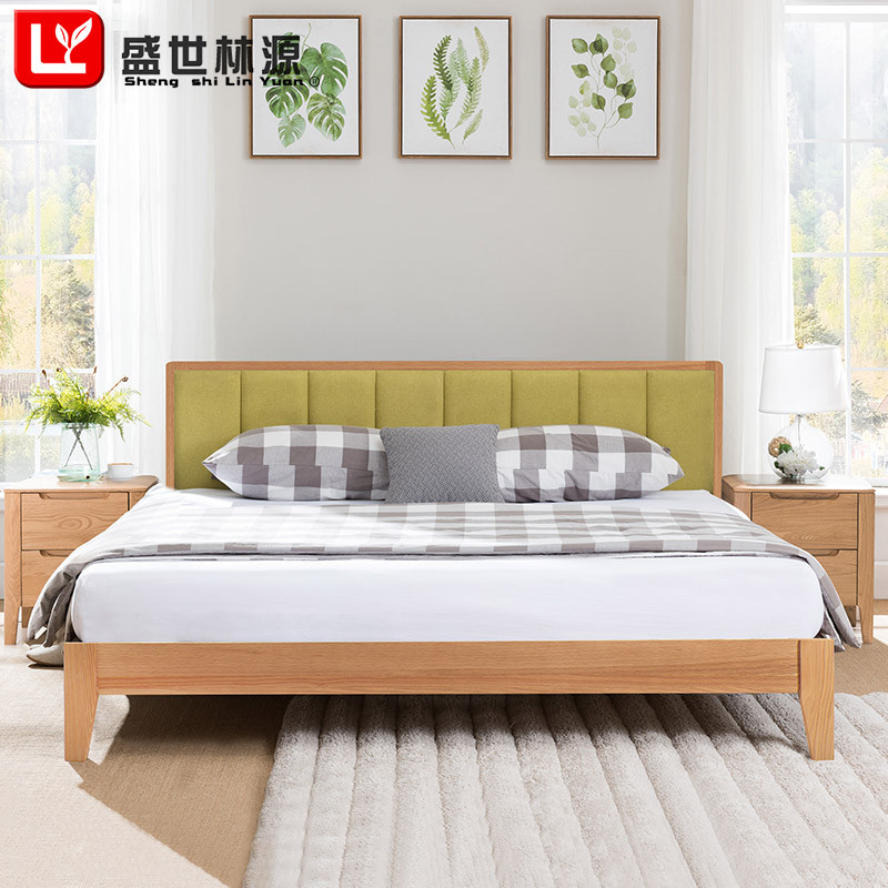 Shengshi Linyuan เตียงไม้เนื้อแข็ง Oak 1.5m 1.8m พร้อมผ้าหลังนุ่ม Double Master Bed เฟอร์นิเจอร์เวลา