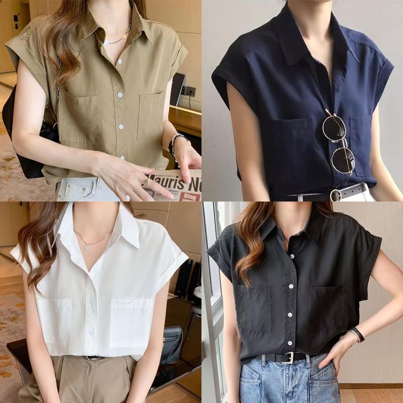 เสื้อเชิ้ตผู้หญิงแขนกุดคอปกบาง เสื้อเชิ้ตเรียบๆ สีพื้น ทรงหลวม สไตล์เกาหลี ไซส์ใหญ่ มี 4 สีให้เลือก #W589