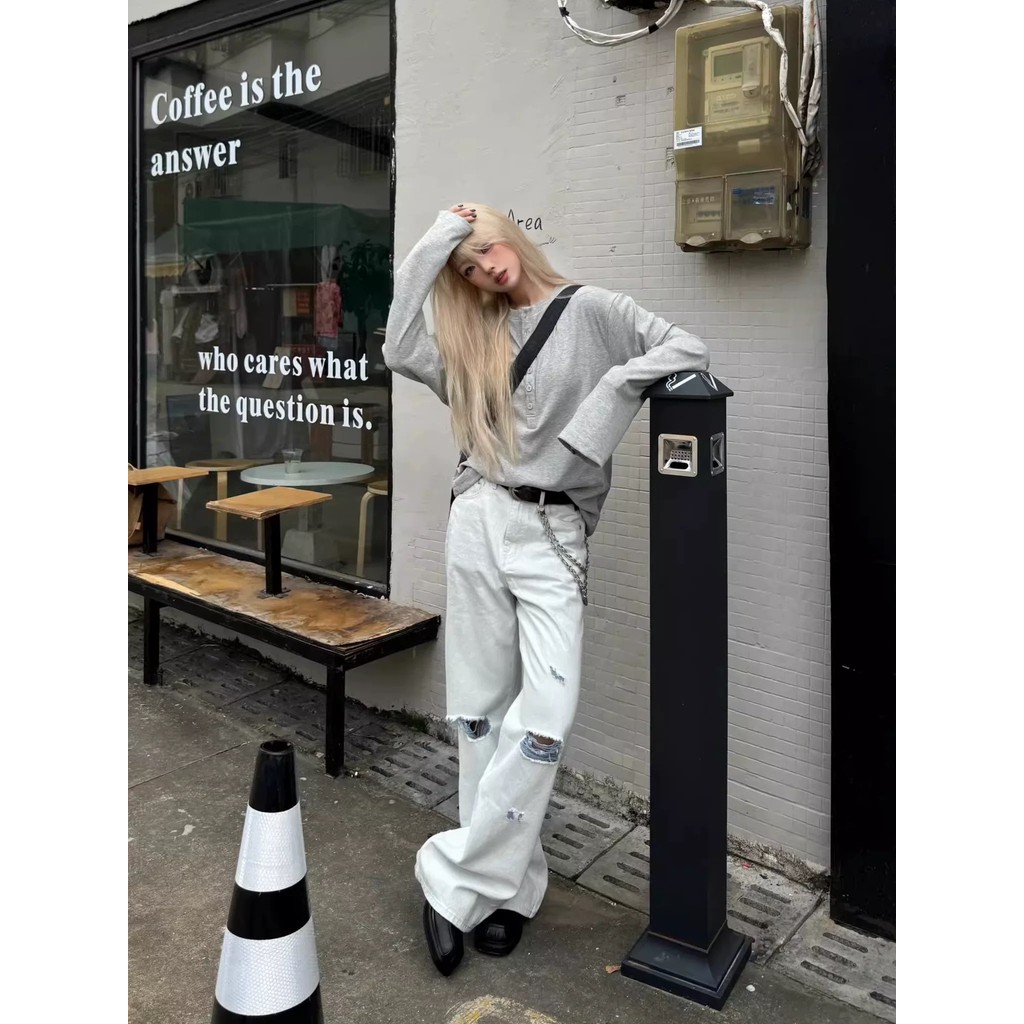 Purple Clay White Cow Loose Flared Washed Distressed White Jeans Velvet Feel White Purple Double Yar