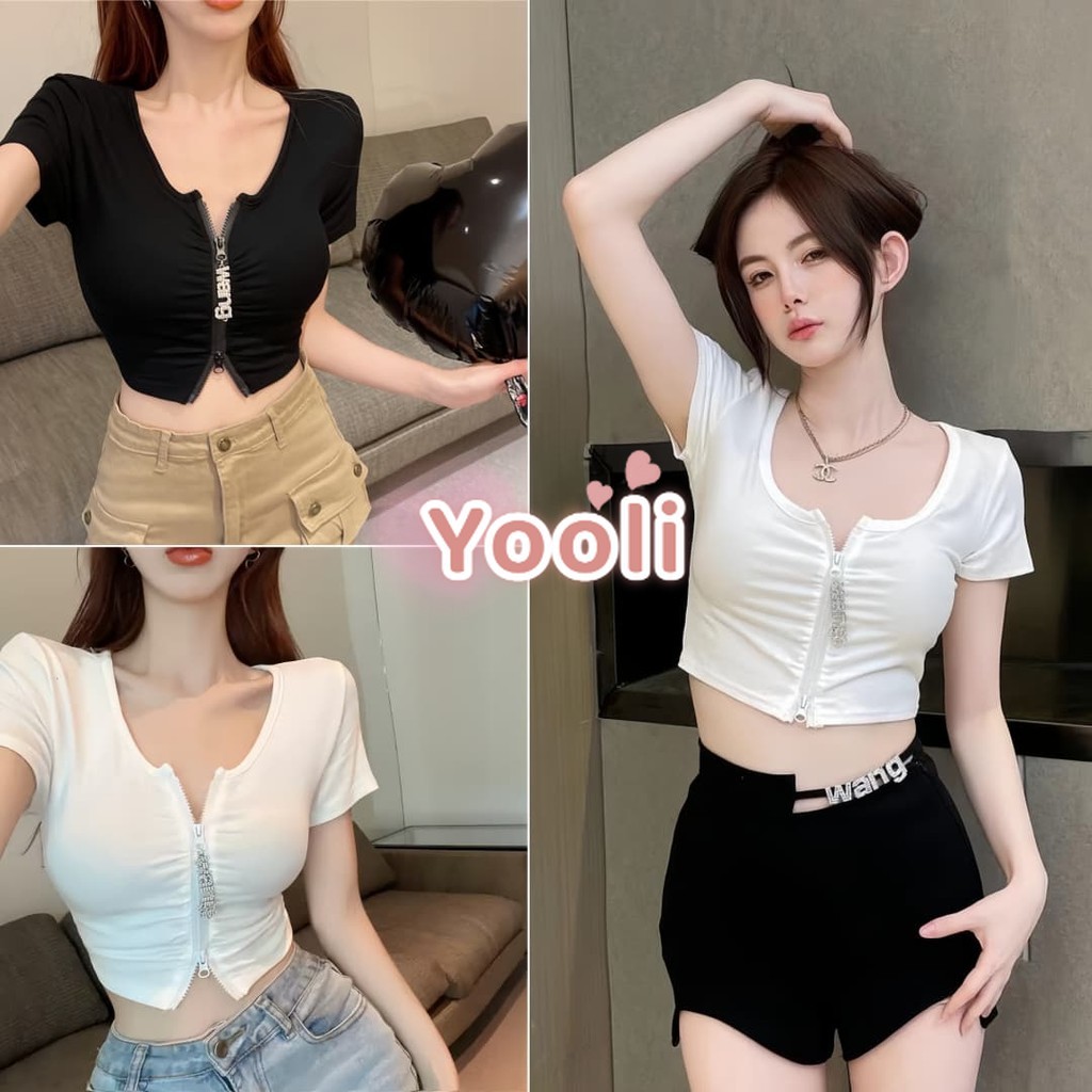 เสื้อแขนสั้น คอกลม มินิมอล ดีเทลรูดซิปด้านหน้า ยืดตามตัว เซ็กซี่และเย้ายวน สีดำ