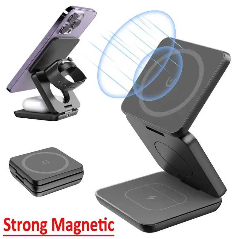 3 in 1 Magnetic Wireless Charger Stand Macsafe สําหรับ 15 14 13 12 นาฬิกา 8 7 6 Airpods Pro Fast Cha