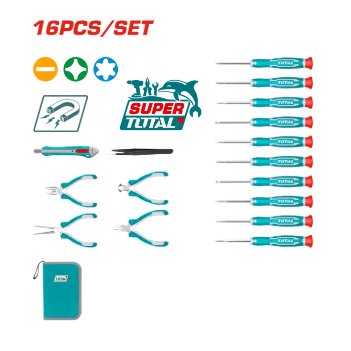 [ TOTAL ] (TKTT SK0162) 16PCS Precision Tool Set | Mini Pliers | Precision Screwdriver | Repair Tool