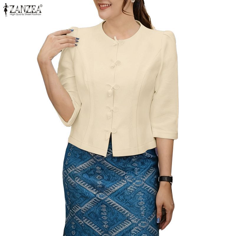 ZANZEA ซานเซีย สไตล์เกาหลีอารมณ์ทะเล แขนสามส่วน มัดย้อมและเข็มขัดคาดเอว