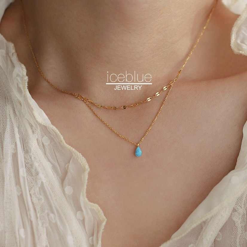 iceblue2ชั้นสีฟ้าโอปอลหยดน้ําจี้โซ่สร้อยคอทอง18Kชุบทองกันน้ําNon Tarnishเครื่องประดับ316Lสแตนเลสสร้อ