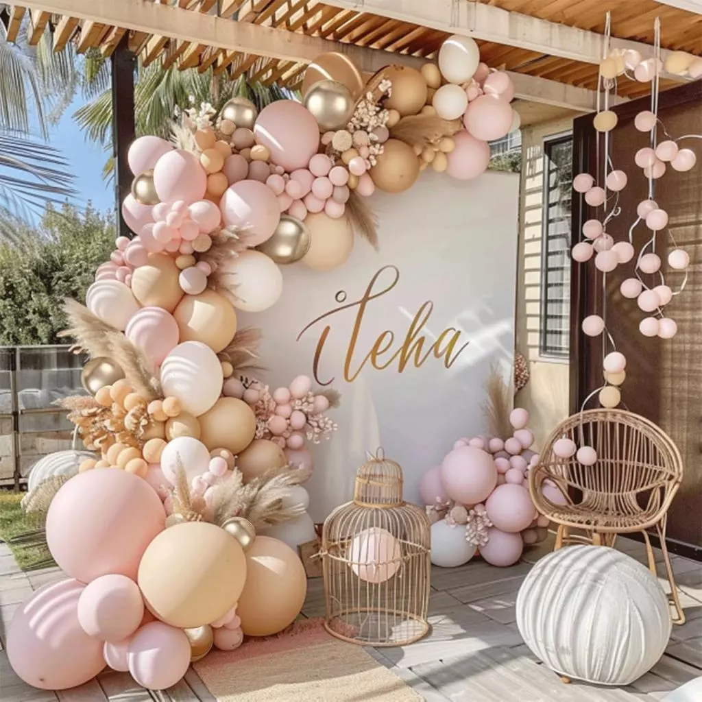 เซ็ตลูกโป่งโทนชมพู ขาว นู้ด ทอง พาสเทล สำหรับงานแต่ง โบโฮ วันเกิด Bridal Shower 144 ชิ้น