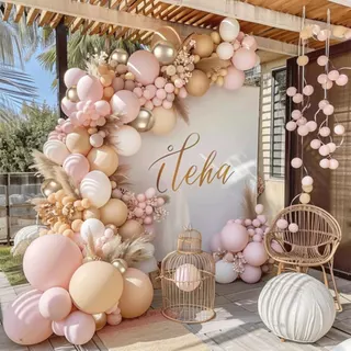 เซ็ตลูกโป่งโทนชมพู ขาว นู้ด ทอง พาสเทล สำหรับงานแต่ง โบโฮ วันเกิด Bridal Shower 144 ชิ้น
