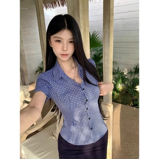 Hotgirl พร้อมส่ง เสื้อเชิ้ตแขนสั้นเซ็กซี่สำหรับผู้หญิง ดีไซน์เพรียวบางพอดี สไตล์สาวฮอตเกาหลี