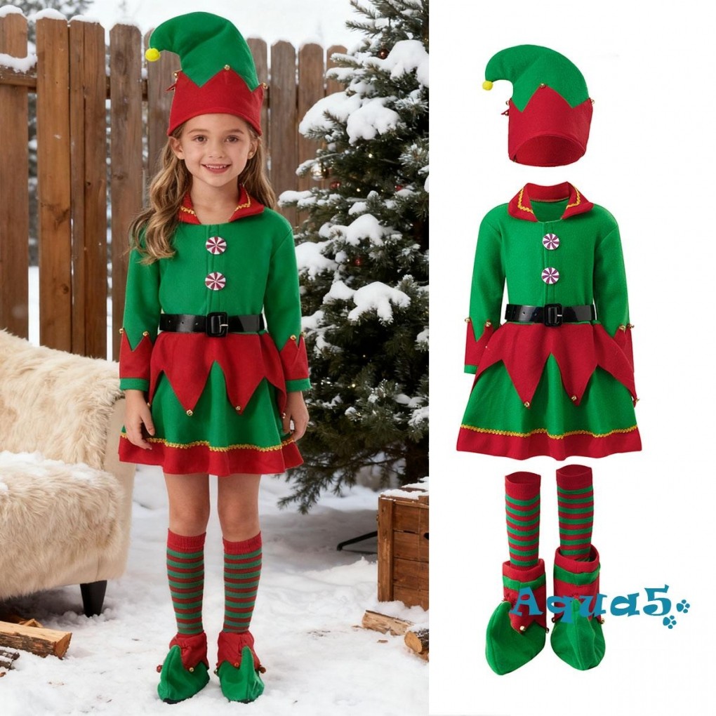 ชุดคอสเพลย์คริสต์มาสเอลฟ์สำหรับสาว พร้อมหมวกและถุงเท้า