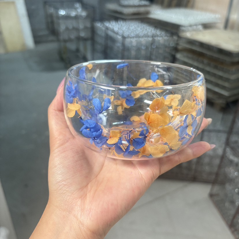 [Island Story] ชามแก้วดอกไม้แห้ง Gypsophila สองชั้น | ชามขนมป้องกันการกระเด็นฉนวนกันความร้อนสองชั้น 