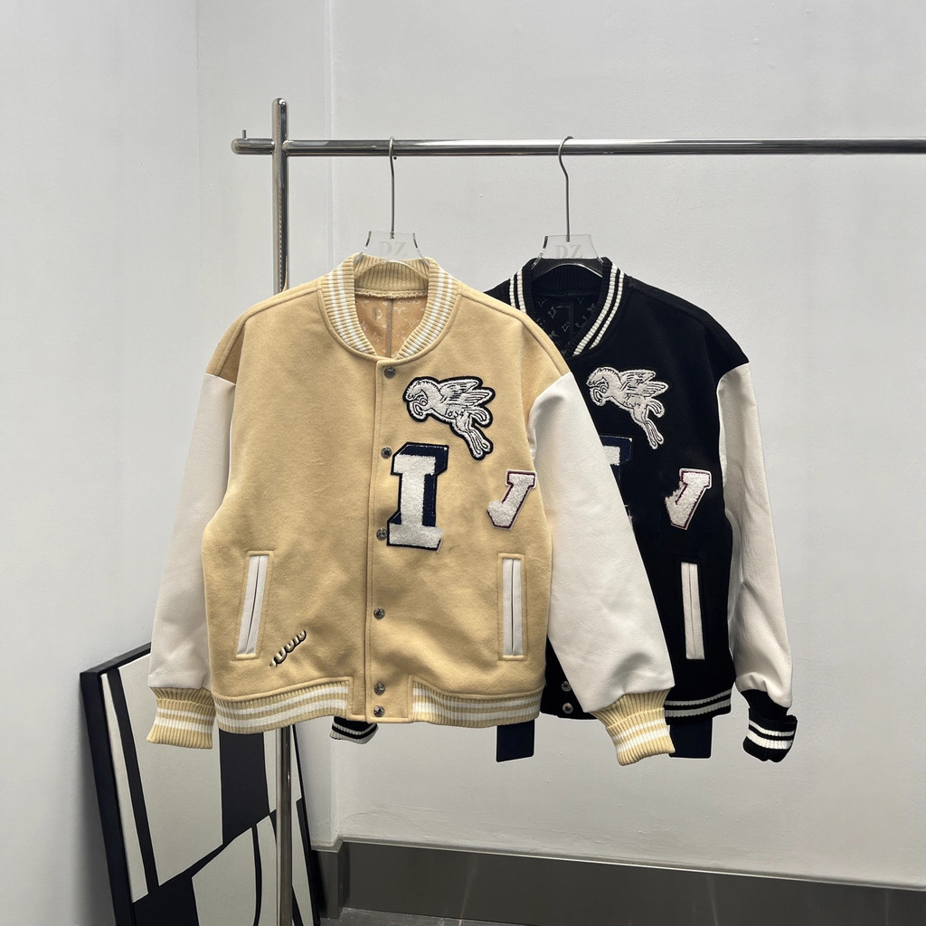7SR5 1V 25Baseball Jacket for Men and Women with Letter Beads, Patchwork, Checkered Leather Sleeves,