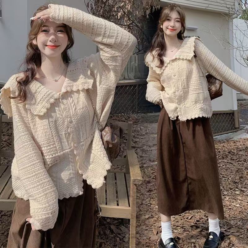 เสื้อสเวตเตอร์ตุ๊กตาฝรั่งเศส เสื้อคาร์ดิแกนถักอ่อนโยน เสื้อสเวตเตอร์ทรงหลวมด้านบนของผู้หญิง