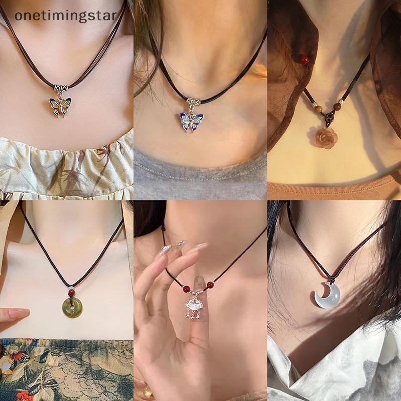 Onetimingstar สไตล์จีนแฟชั่น Retro สร้อยคอเชือกถักผีเสื้อดอกไม้ Moon Safety Lock จี้สร้อยคอผู้หญิงเค