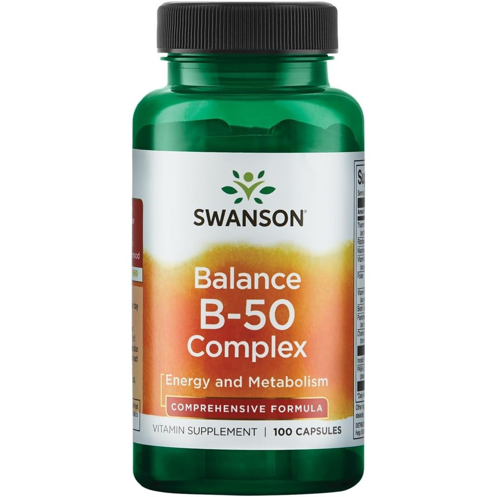 Swanson B-50 B-Complex Vitamins Energy Cardio Stress Metabolsm รองรับ 100 แคปซูล (หมวก)