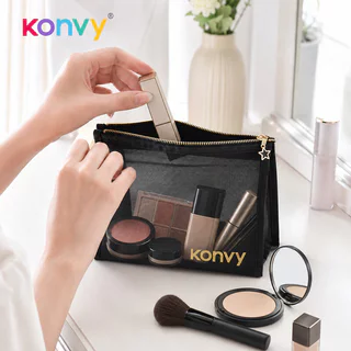 Konvy Mesh Triangle Cosmetic Bag คอนวี่ กระเป๋าเครื่องสำอางแบบตาข่ายโปร่งใส สีดำ.