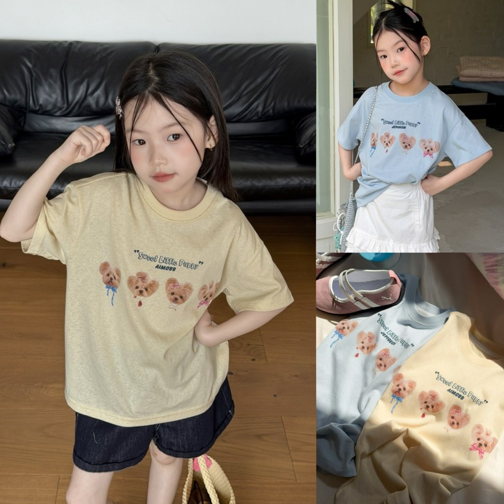 PRETTY BABY เสื้อยืดเด็ก เสื้อยืดคอกลม ลายน้องหมา แต่งกลิตเตอร์กากเพชร (2313)