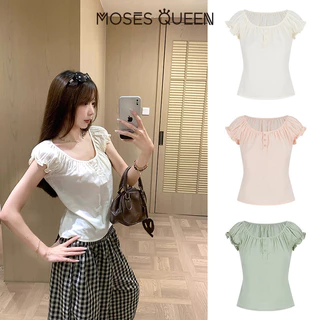 MOSESQUEEN เสื้อยืดแขนสั้นคอยูผ้าฝ้ายแท้พร้อมสายรัดดีไซน์สําหรับเอฟเฟกต์สลิมมิ่งและแขนพัฟ #63929