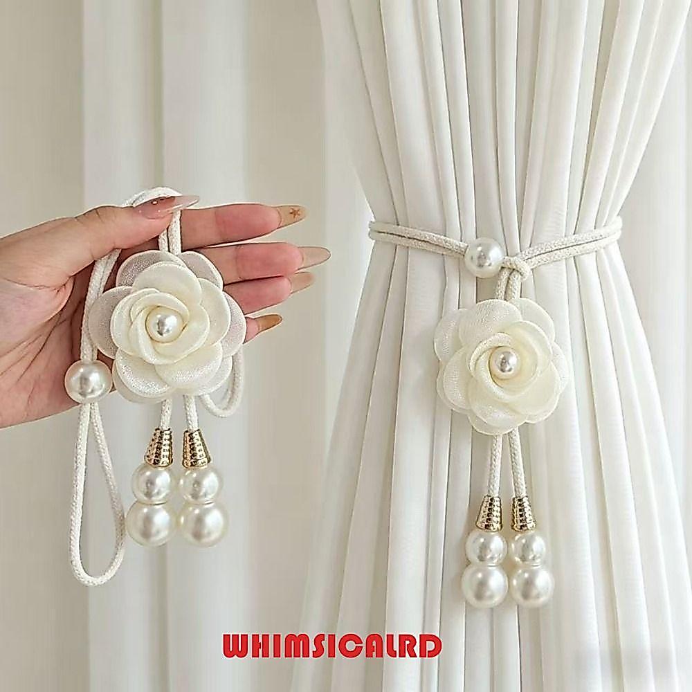 WHIMSICARD 2 ชิ้นดอกไม้ผ้าม่าน Tiebacks,โมเดิร์นเพิร์ล Camellia ผ้าม่าน Tiebacks,ประณีต Minimalist ปรับโพลีเอสเตอร์เนื้อผ้าม่าน Ties ตกแต่งบ้าน