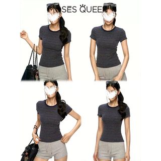 MOSESQUEEN เสื้อยืดแขนสั้นลายทางสีตัดกันย้อนยุคสไตล์อเมริกันคอกลมและดีไซน์ไหล่ด้านหน้า - ท็อปมีสไตล์สําหรับร่างกาย #63960