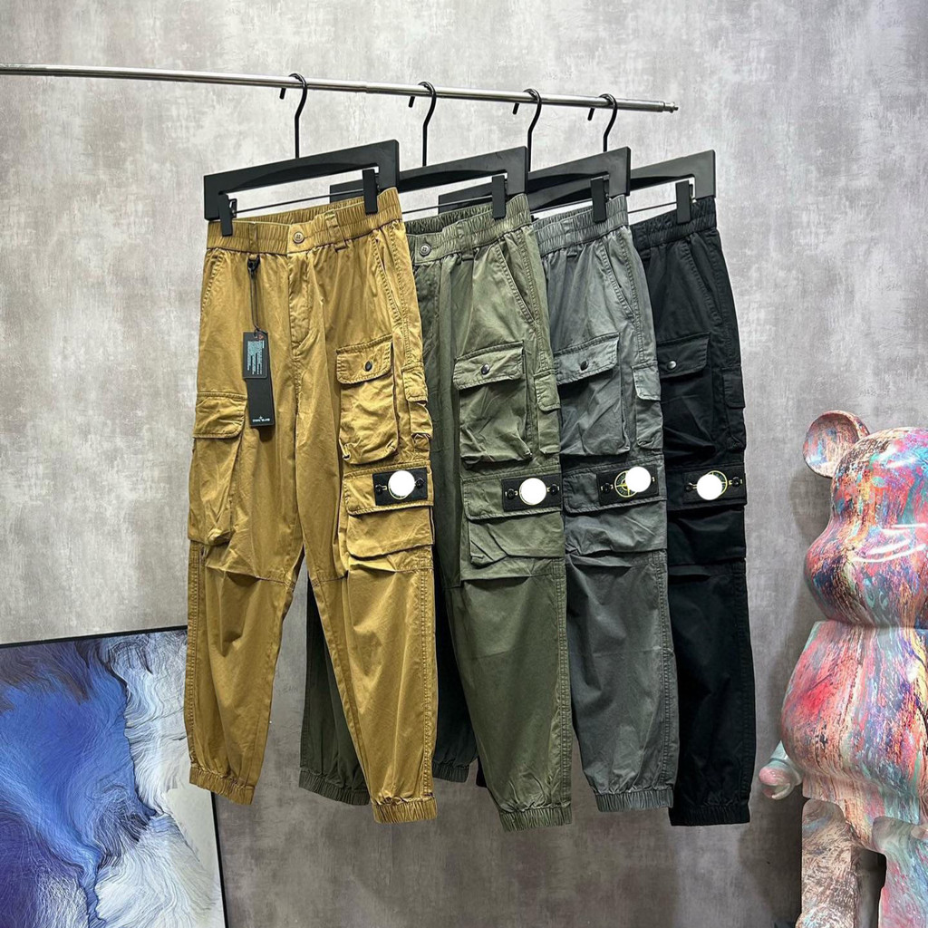 PDWD Stone Island Multi-pocket Functional Design Overalls สไตล์อุตสาหกรรมหลวมกางเกงลําลอง