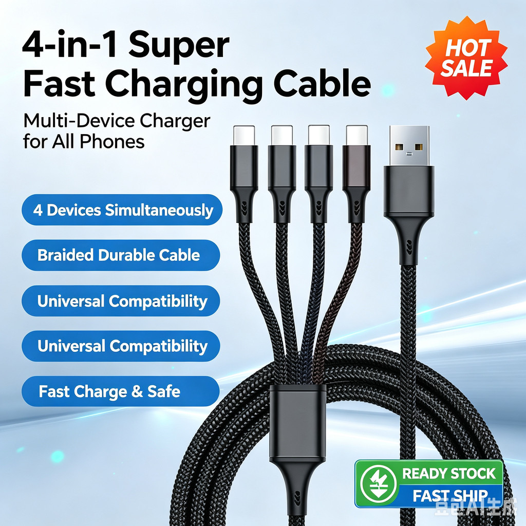 4 In 1 Four Type-C Multi Head สายชาร์จ Universal สายไฟยาวสําหรับใช้ในบ้านและรถยนต์