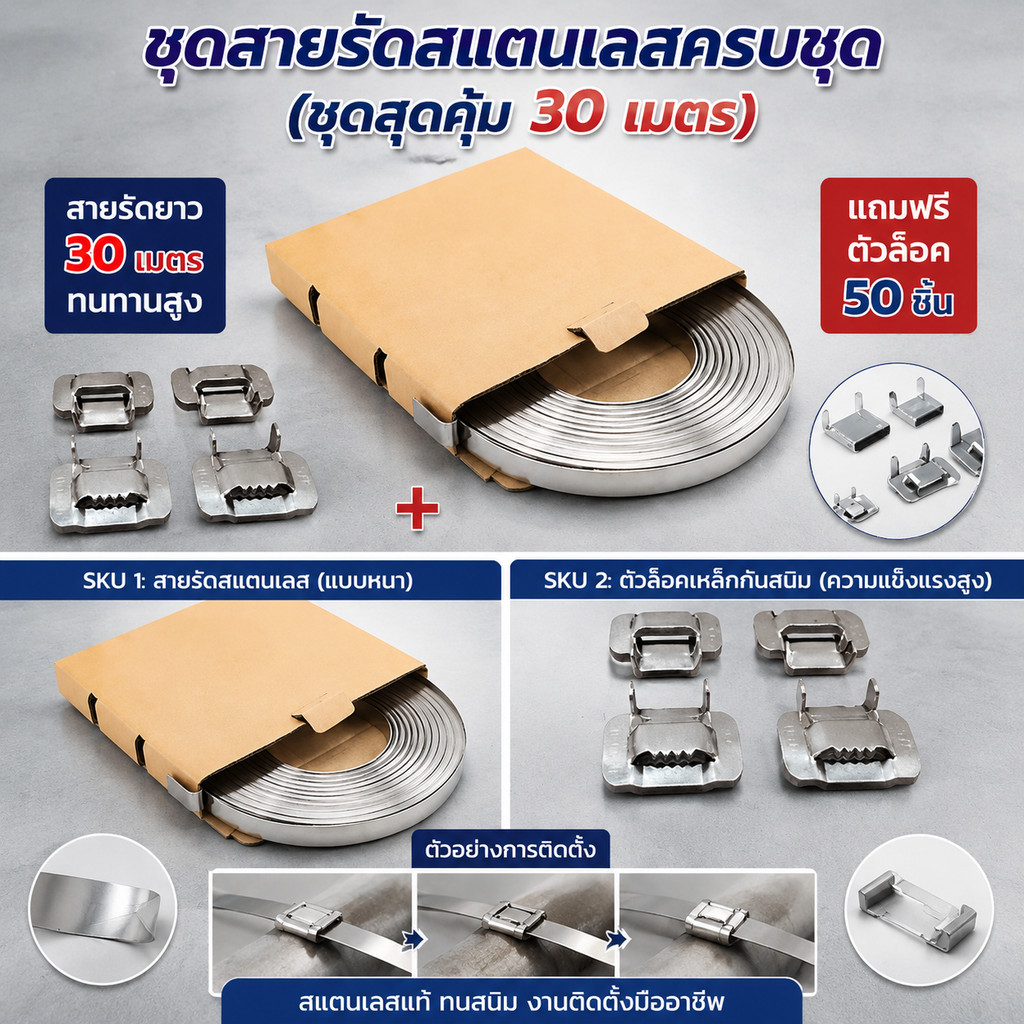 สายรัดสแตนเลส304 ม้วน30ม. กว้าง12.7mm หนา0.5mm พร้อมหัวล็อค กันสนิม ใช้ยึดป้าย/เสา/ท่อ/สายไฟ แข็งแรง ทนทาน