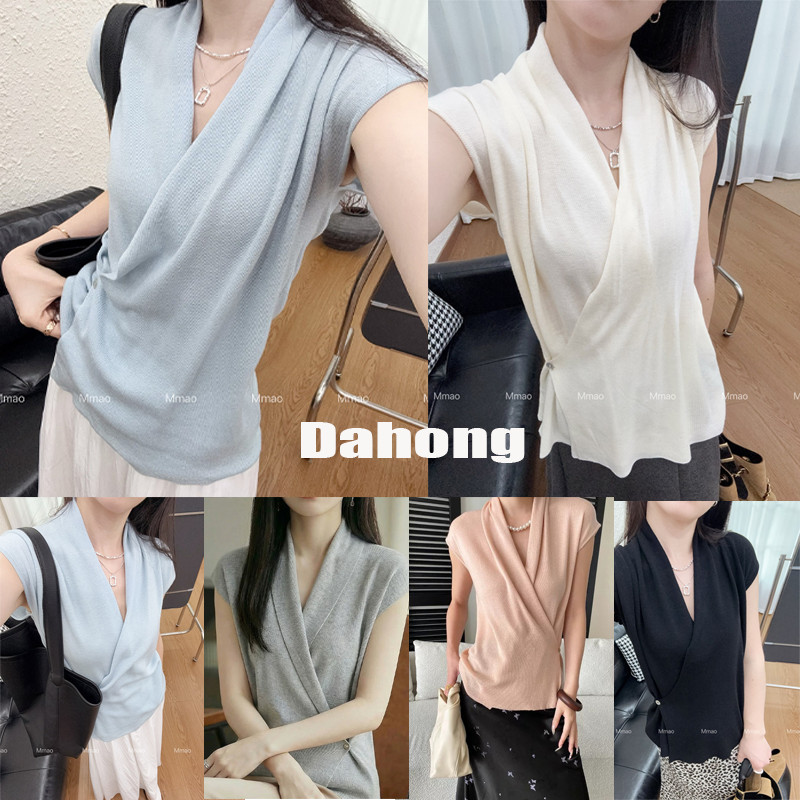 Dahong D663 เสื้อถักแขนกุดคอวี ดีไซน์เอว แบบเกาหลีแบบบางm