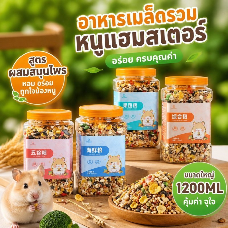 อาหารหนูแฮมสเตอร์ อาหารผสมธัญพืช ผลไม้ ผัก กุ้ง ไก่อบ วิตามิน แร่ธาตุ สำหรับสัตว์ฟันแทะ