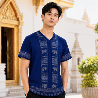เสื้อพื้นเมืองไทยคู่ชายหญิง สีกรมท่า ลายช้างไทย เสื้อชาติพันธุ์คอวีแขนสั้น ผ้านุ่มใส่สบาย แฟชั่นไทยประยุกต์ ใส่เที่ยววัด