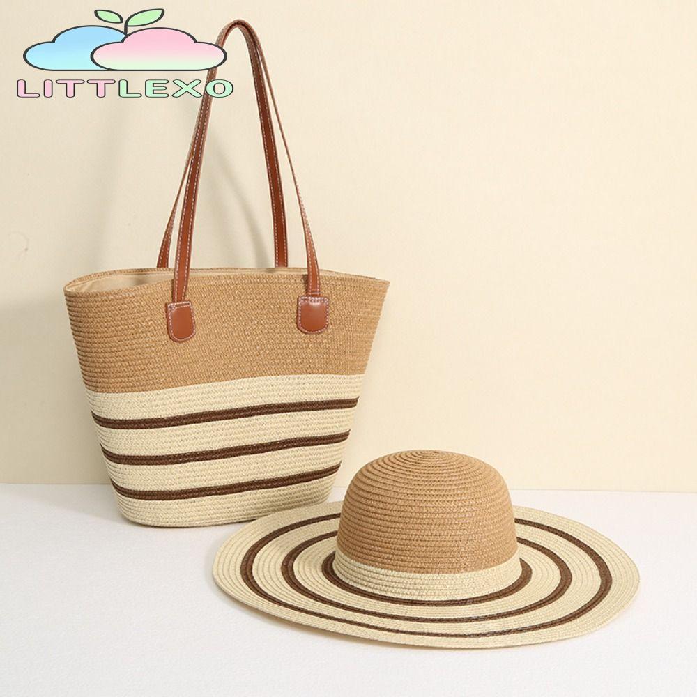 LITTLEX Tote Bag กระเป๋าสะพายผ้าทอความจุขนาดใหญ่ลายทางแฟชั่นซิปฟางหมวกทอสี่เหลี่ยมวันหยุด