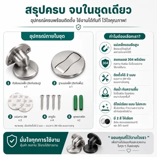 กันชนประตู แม่เหล็ก ที่หยุดประตู แบบติดพื้น ไม่ต้องเจาะ สแตนเลส แข็งแรง ทนทาน ป้องกันชนผนัง พร้อมสกรู สีเงิน/ดำ