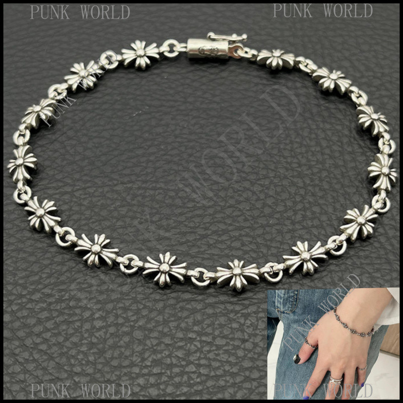 เงิน 925 TINY E Fine Cross ดอกไม้สร้อยข้อมือ Vintage Punk Gothic Rock อุปกรณ์เสริม Street Hip Hop คู่เครื่องประดับวันวาเลนไทน์ของขวัญ CS001