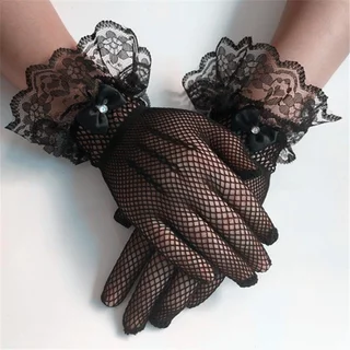 ถุงมือตาข่ายลูกไม้ เด็กผู้ใหญ่ ฟรีไซส์ ยืดหยุ่น สีขาว ข้อมือพู่หนา ใส่ออกงาน พาเหรด